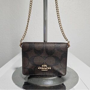 COACH BROWN SIGNATURE MONOGRAM MINI CROSSBODY WITH GOLD TONE CHAIN